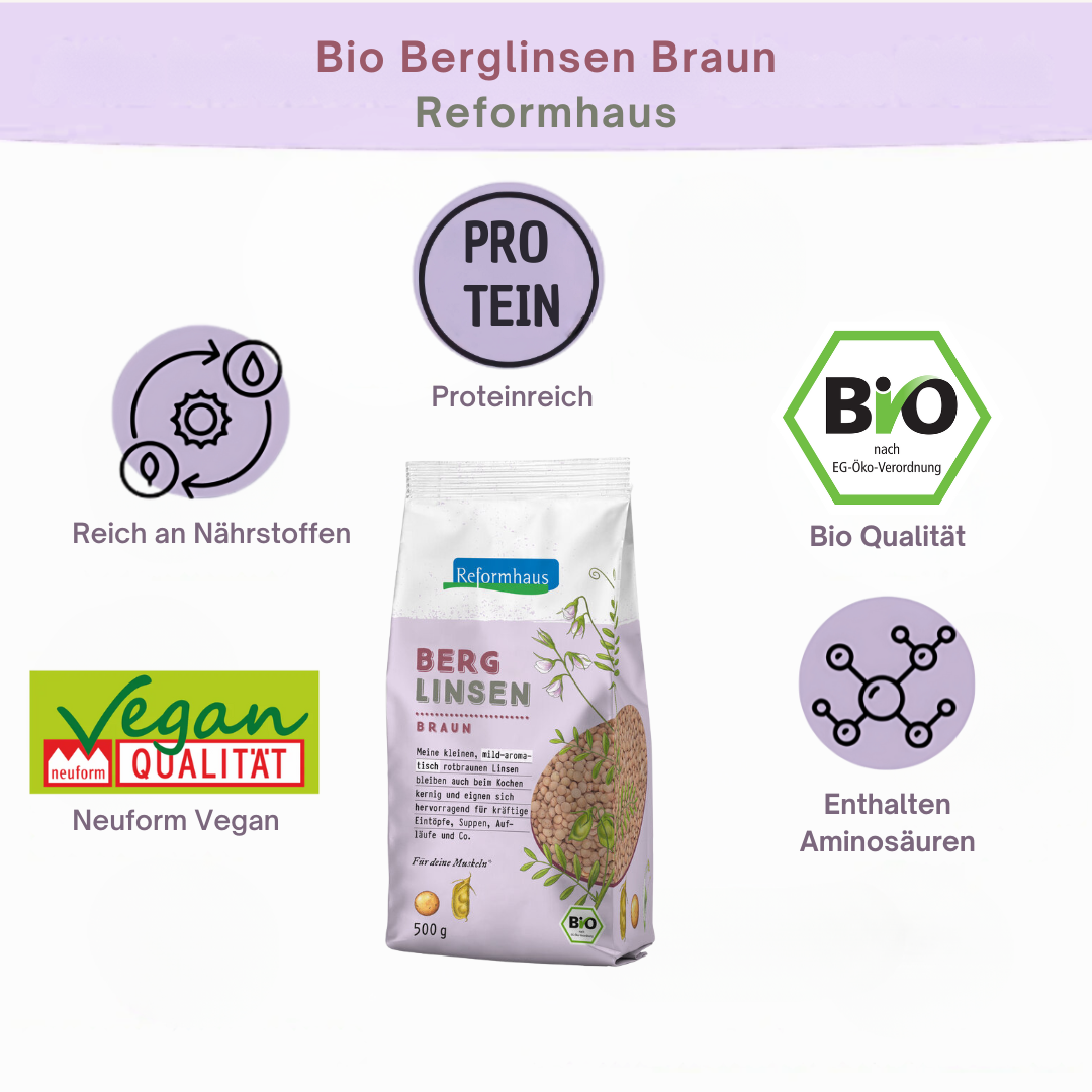 Reformhaus Berglinsen Braun Bio mit USPs: proteinreich, nährstoffreich, vegan, mit Aminosäuren, Bio-Qualität