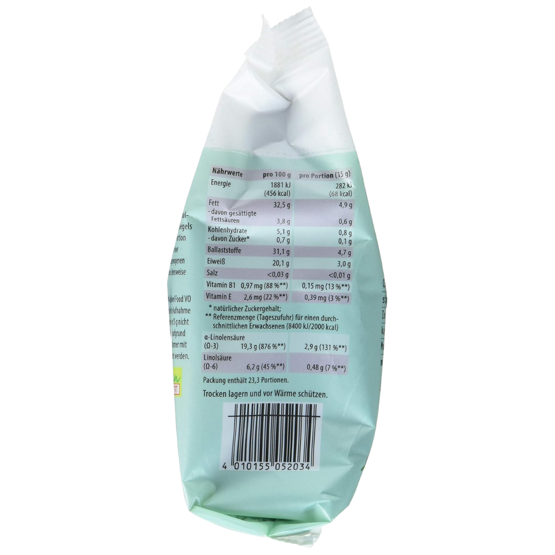 Seitenansicht der Reformhaus Bio Chiasamen 350 g – Nährwerte pro 100 g und pro Portion, inklusive Vitamine, Ballaststoffe und Fettsäuren