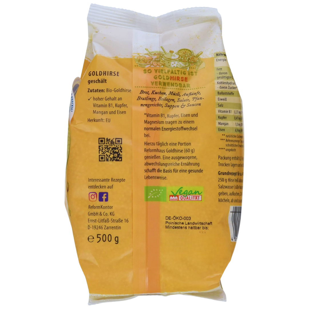 Rückseite der Reformhaus Bio-Goldhirse 500 g – Zutaten, Herkunft, Anwendungsmöglichkeiten und Siegel