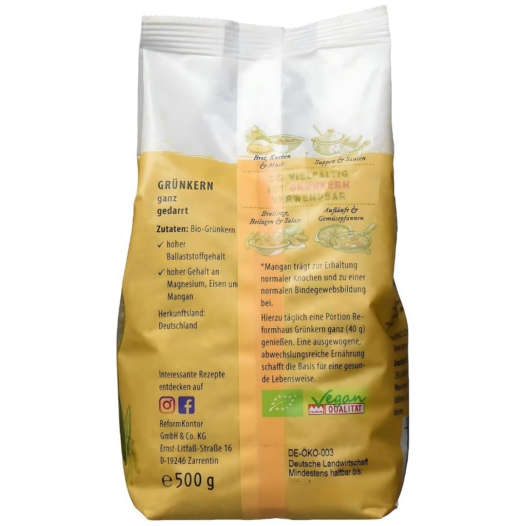 Reformhaus Bio Grünkern 500 g – Zutaten, Herkunft aus Deutschland, Verwendungsmöglichkeiten und Qualitätssiegel