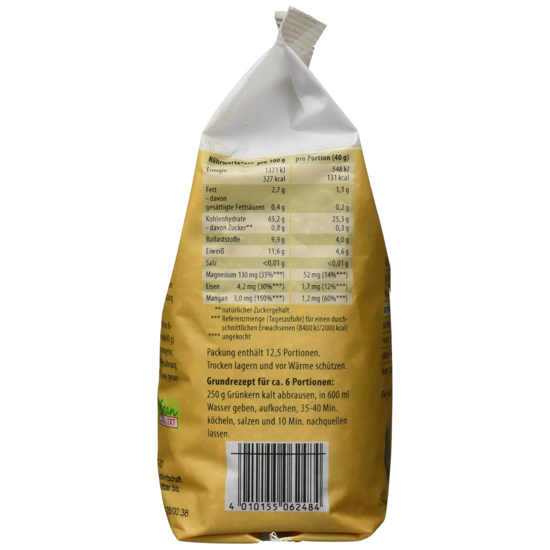 Reformhaus Bio Grünkern 500 g – Rückseite mit Nährwerttabelle, Vitaminen und Mineralstoffen je 100 g und Portion