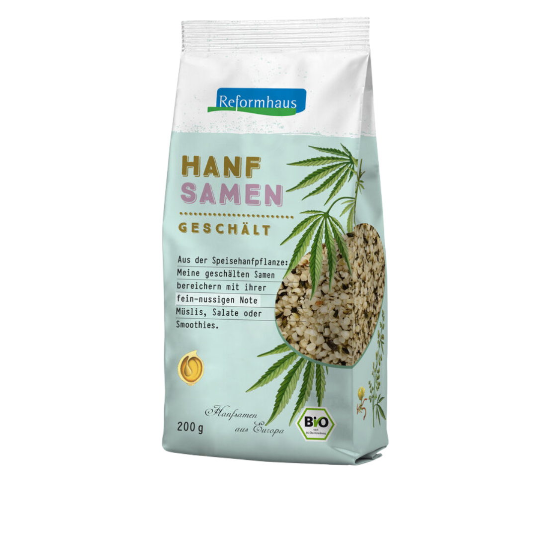 Reformhaus Hanfsamen geschält – 200 g Bio-Packung mit Hanfblatt und herzförmiger Darstellung der geschälten Samen
