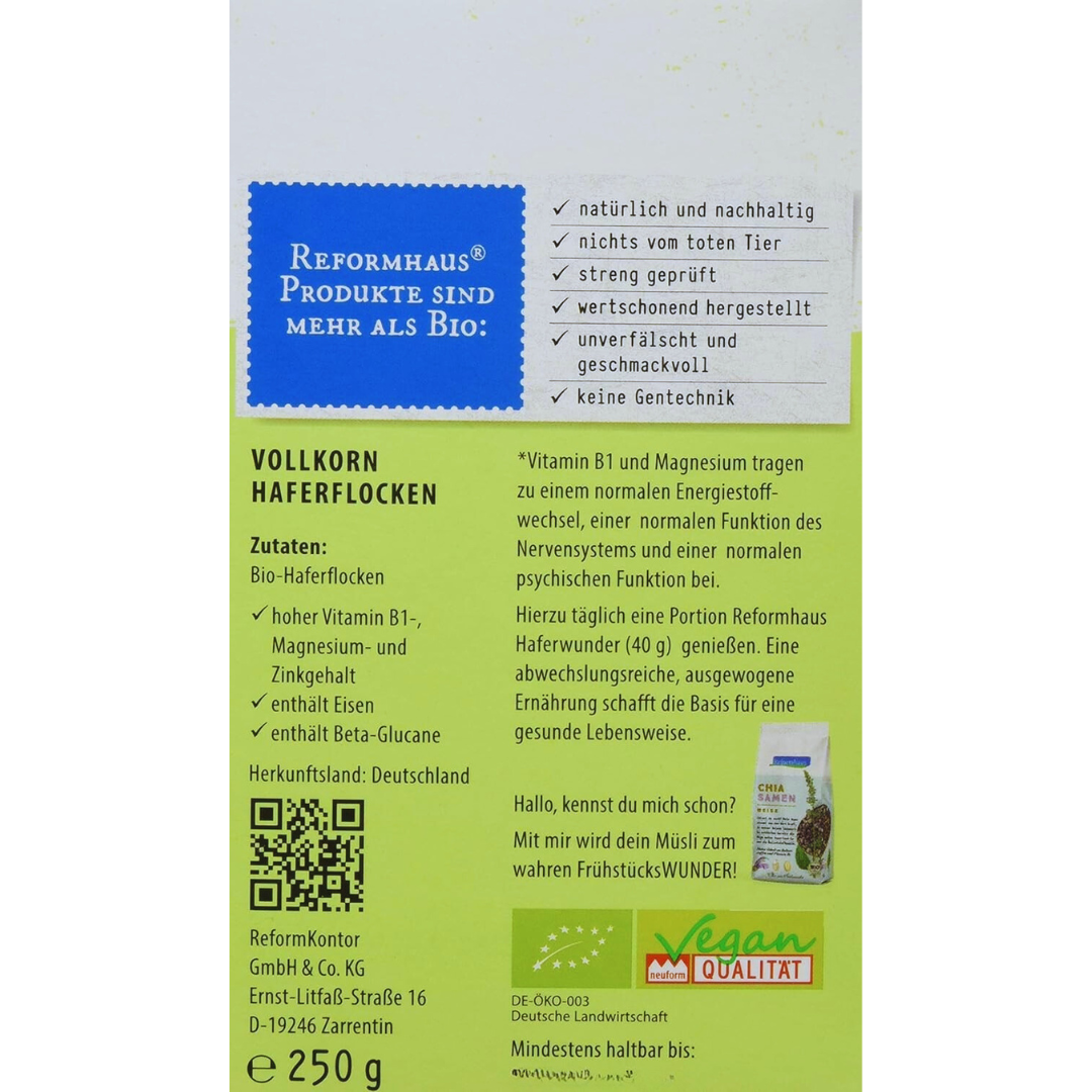 Reformhaus Haferwunder – Zutatenliste, Qualitätsversprechen und Anwendungshinweise für Bio-Haferflocken 250 g