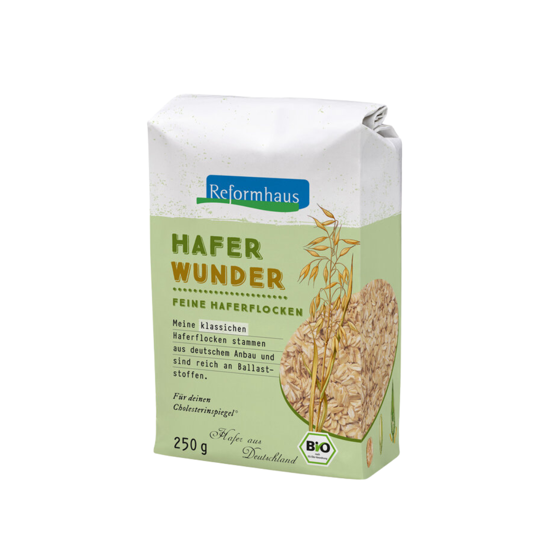Reformhaus Haferwunder – feine Bio-Haferflocken 250 g Packung mit Hafermotiv und Ballaststoffhinweis