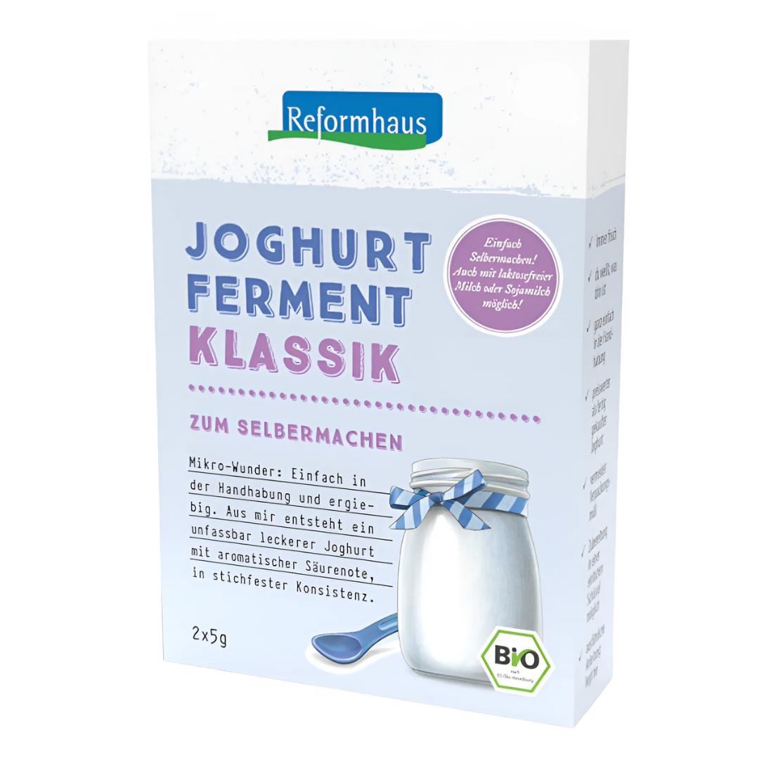 Reformhaus Joghurt Ferment Klassik – Bio-Ferment zum Selbermachen von Joghurt, 2×5 g, Verpackung mit Glas-Illustration und Bio-Siegel