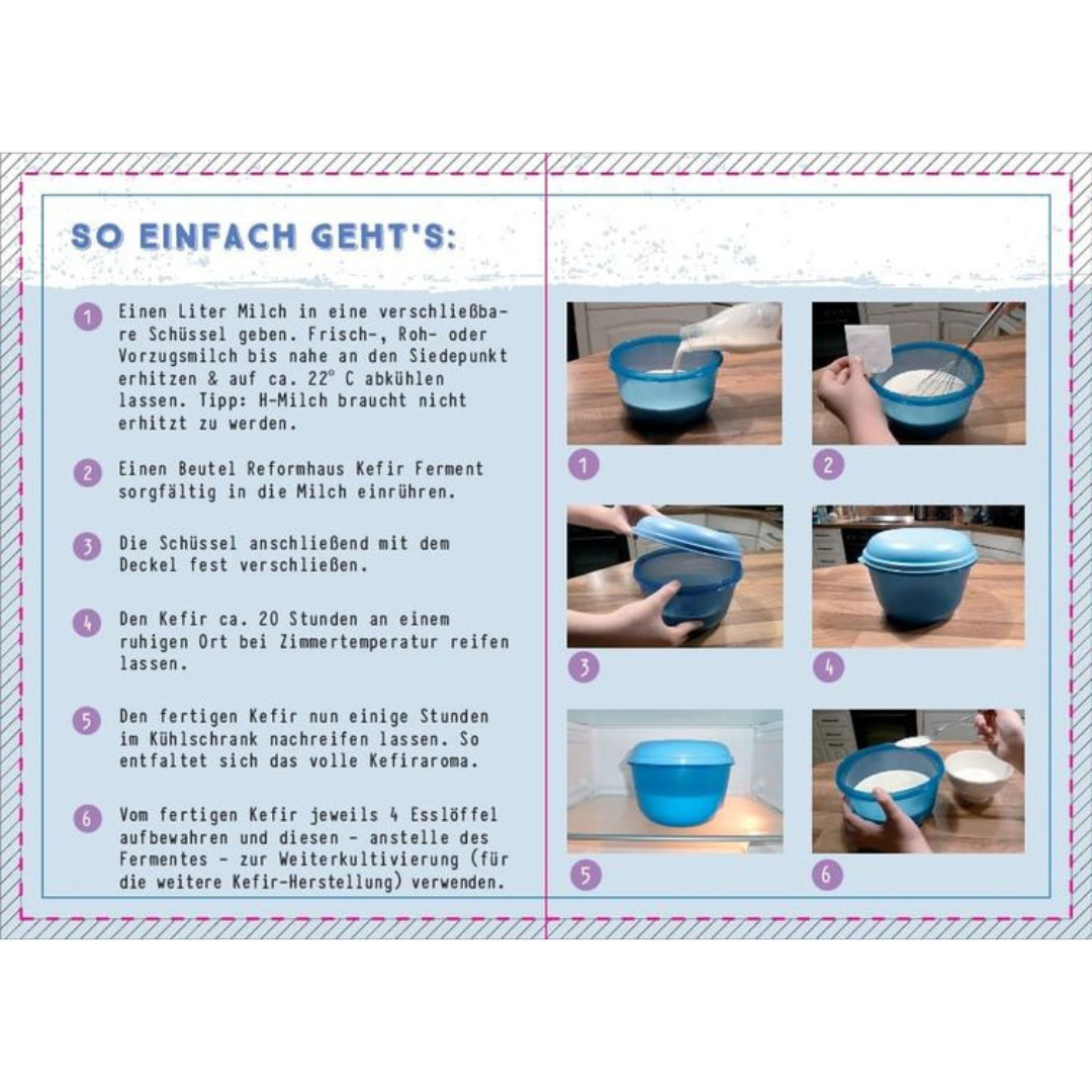 Schritt-für-Schritt-Anleitung zur Herstellung von Kefir mit dem Reformhaus Kefir Ferment – einfache Zubereitung mit Milch in nur 6 Schritten, bebildert erklärt.