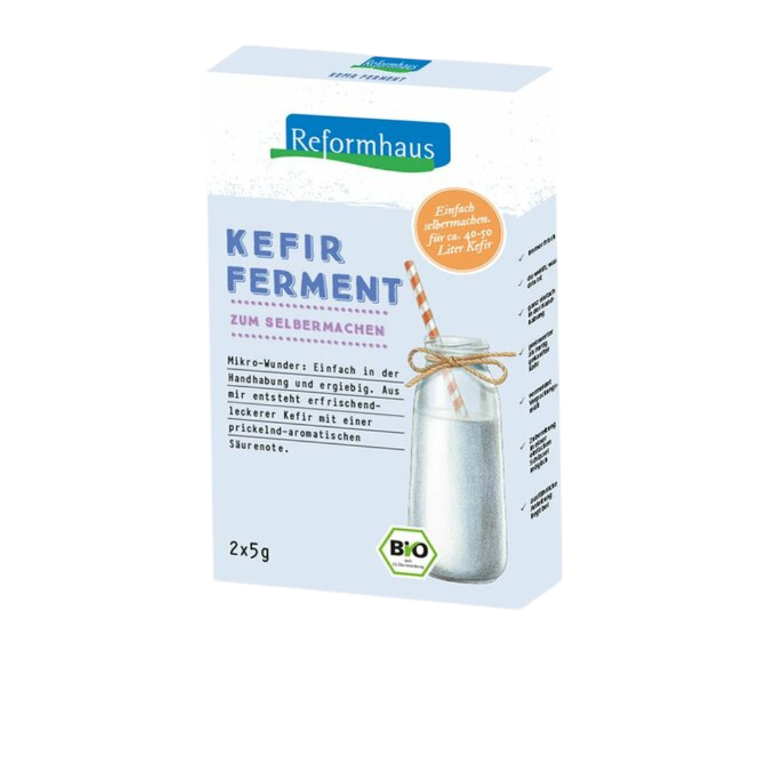 Produktbild der Reformhaus Kefir Ferment Packung 2×5 g – Bio-Starterkultur zum Selbermachen von bis zu 10 Litern Kefir mit prickelnd-aromatischer Note.