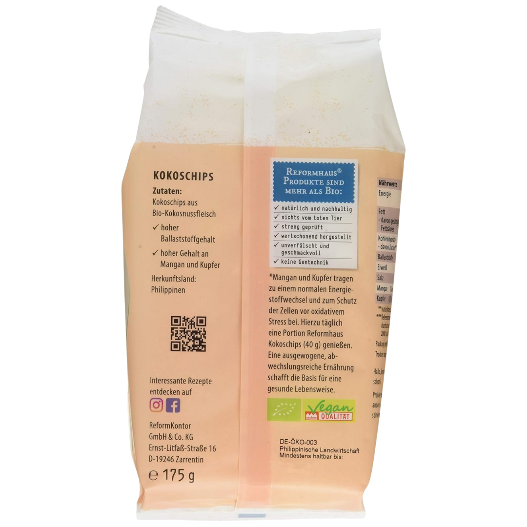 Rückseite der Reformhaus Kokoschips 175 g mit Zutaten, Herkunft (Philippinen) und Qualitätssiegeln