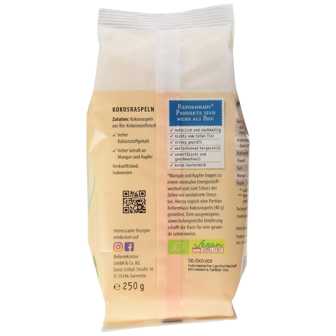 Zutatenliste und Herkunft der Reformhaus Bio Kokosraspeln 250 g – ballaststoffreiches Kokosfleisch aus Indonesien mit hohem Gehalt an Mangan und Kupfer.