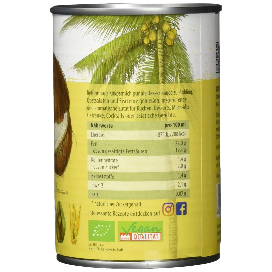 Nährwerttabelle und Verzehrempfehlung der Reformhaus Kokosmilch Bio 400 ml – 22 g Fett, vegan, aromatische Zutat für asiatische Gerichte und Desserts.