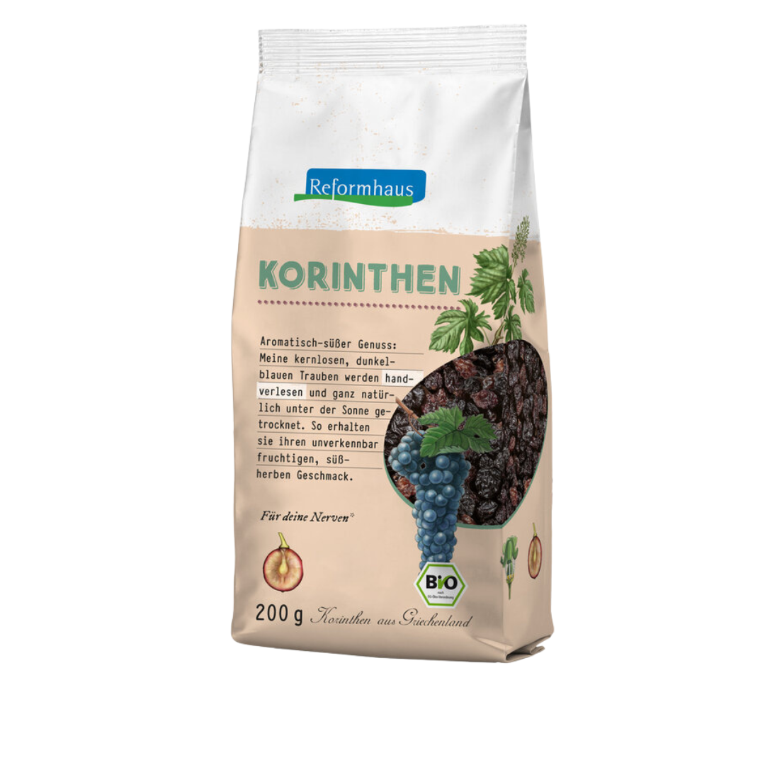 Frontansicht der Reformhaus Korinthen Bio 200 g – ansprechend gestaltete Verpackung mit Bio-Logo, ideal für gesunde Snacks, Backzutaten und natürliche Ernährung.