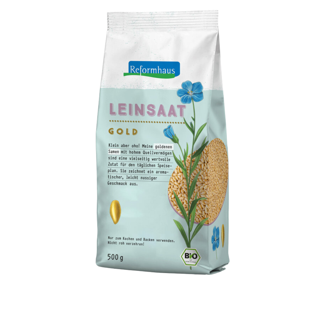 Frontansicht der Reformhaus Leinsaat Gold 500 g – ganze goldene Bio-Leinsamen mit hohem Quellvermögen und mild-nussigem Geschmack, ideal zum Kochen und Backen.