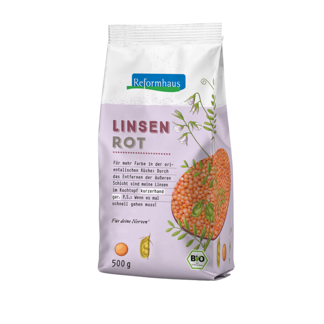 Frontansicht der Reformhaus Linsen Rot 500 g – geschälte rote Bio-Linsen für schnelle orientalische Gerichte, proteinreich und kochfertig in wenigen Minuten.