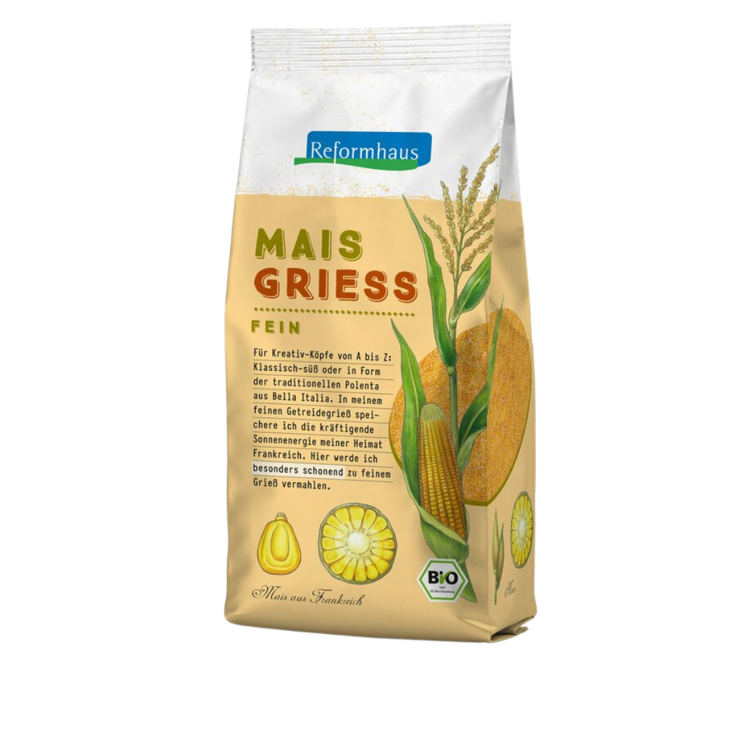 Frontansicht des Reformhaus Maisgrieß fein 500 g – fein vermahlener Bio-Polenta-Grieß aus Frankreich, ideal für klassische Polenta, Gnocchi oder süße Speisen.