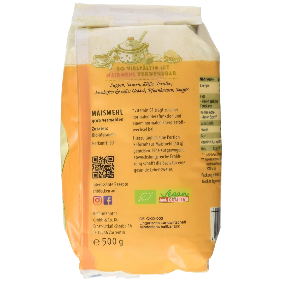 Rückseite des Reformhaus Bio Maismehls 500 g – Zutaten, Verwendungsmöglichkeiten wie Klöße, Pfannkuchen und Tortillas, Herkunft EU, vegan zertifiziert.