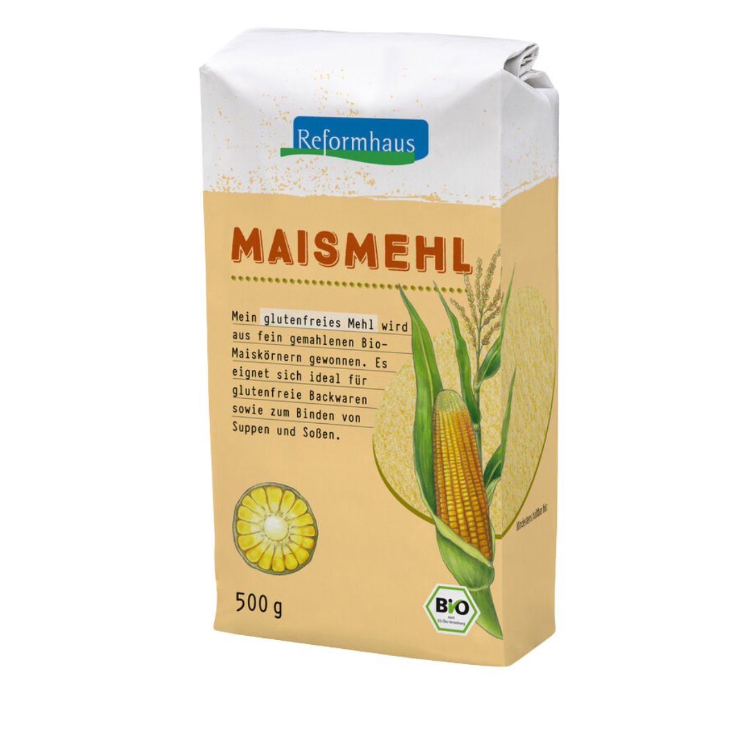Frontansicht des Reformhaus Maismehls Bio 500 g – fein gemahlenes, glutenfreies Mehl aus Bio-Maiskörnern, ideal für Backwaren, Suppen und Soßen.