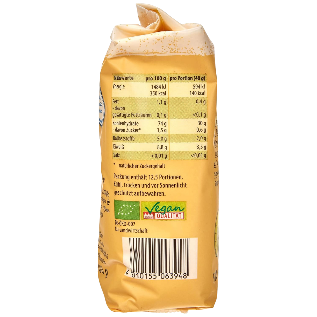 Nährwertangaben des Reformhaus Maismehls Bio 500 g – 350 kcal pro 100 g, ballaststoffreich, eiweißhaltig und mit niedrigem Fett- und Salzgehalt.