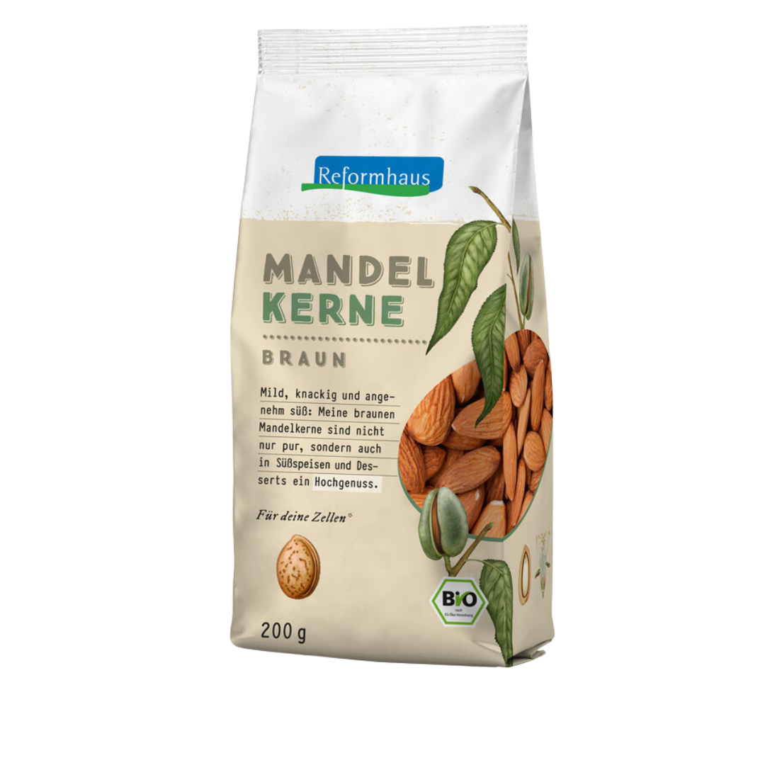 Frontansicht der Reformhaus Mandelkerne Braun Bio 200 g – knackige, naturbelassene Mandeln mit mild-süßem Geschmack, ideal für Desserts und puren Genuss.
