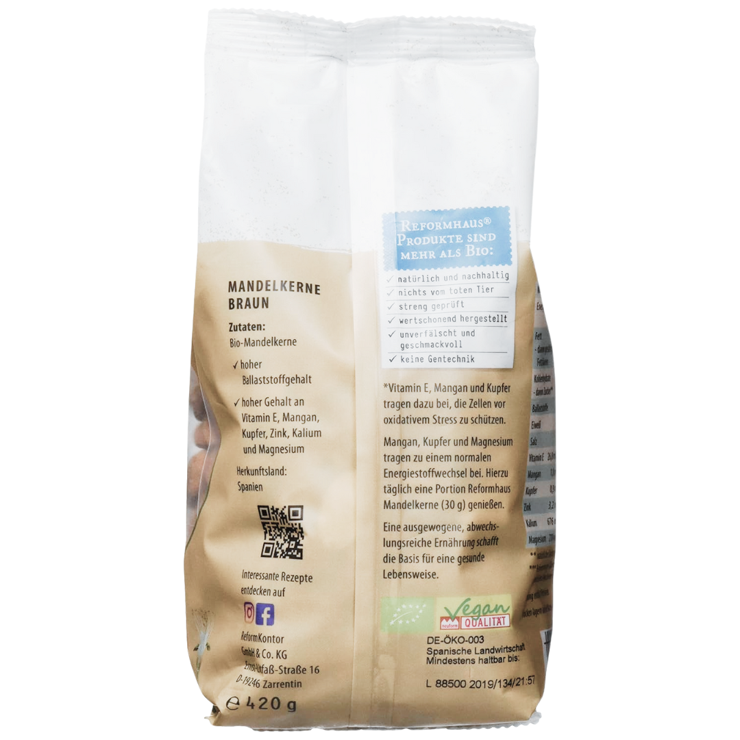Rückseite der Reformhaus Mandelkerne Braun Bio 420 g – Zutaten, Herkunft Spanien, reich an Ballaststoffen, Vitamin E, Magnesium, Zink und Kupfer.