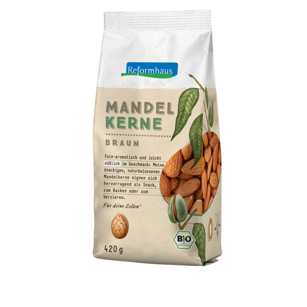 Rückseite der Reformhaus Mandelkerne Braun Bio 420 g – Zutaten, Herkunft Spanien, reich an Ballaststoffen, Vitamin E, Magnesium, Zink und Kupfer.