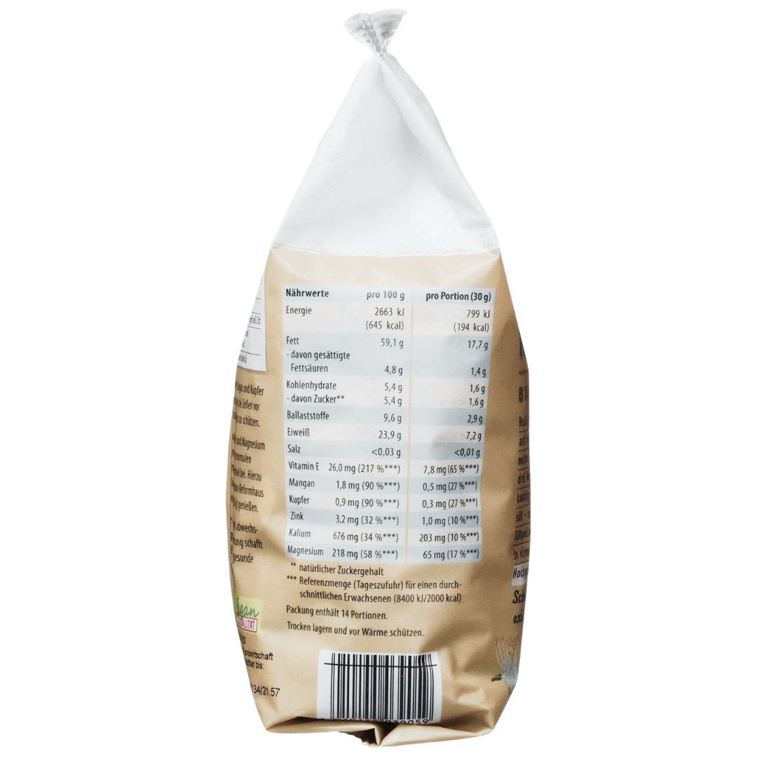 Nährwertangaben der Reformhaus Mandelkerne Braun Bio 420 g – 645 kcal pro 100 g, hoher Gehalt an Vitamin E, Ballaststoffen und gesunden Fettsäuren.