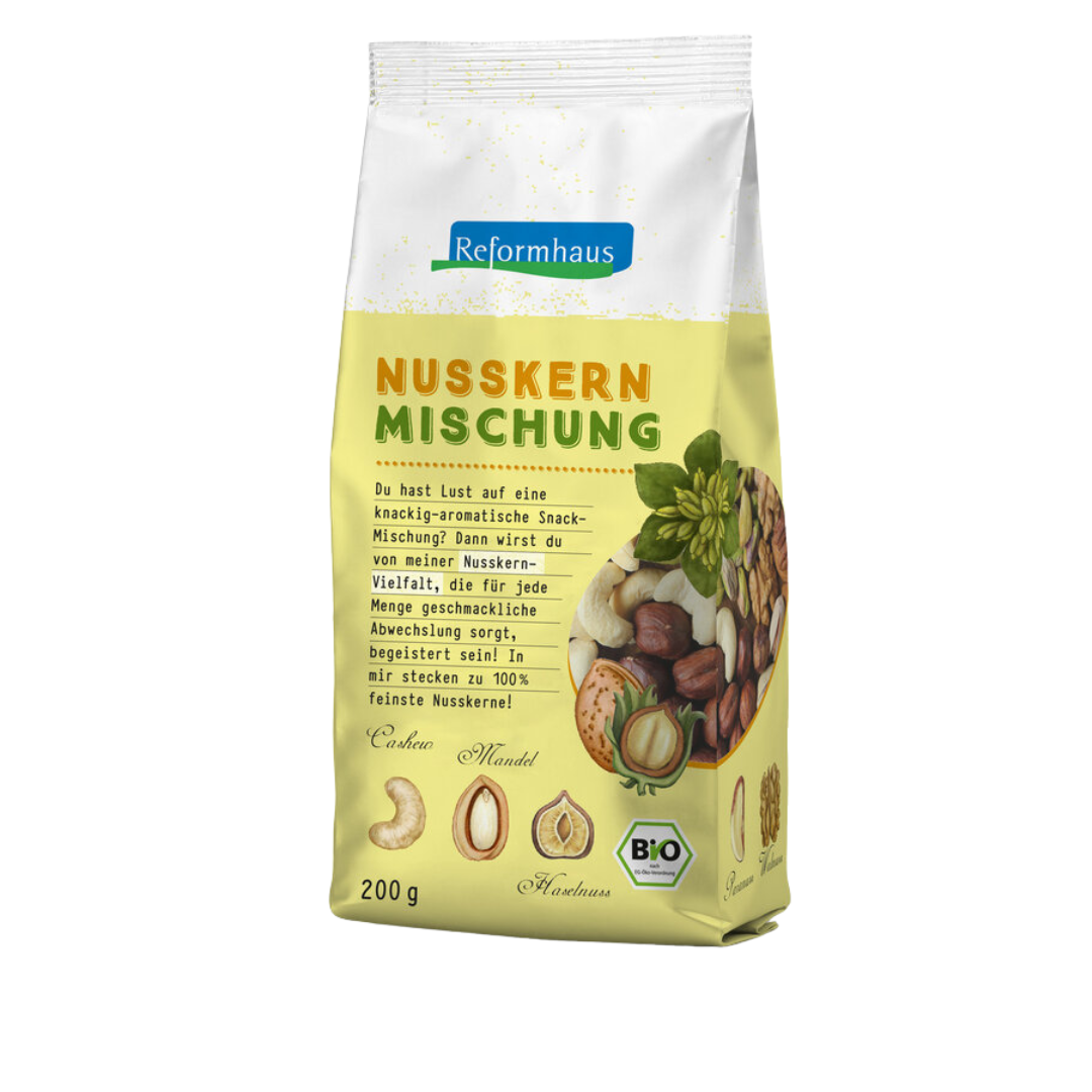 Reformhaus Nusskernmischung Bio 200 g – knackige Mischung aus Cashews, Mandeln und Haselnüssen in gelber Verpackung mit Sichtfenster
