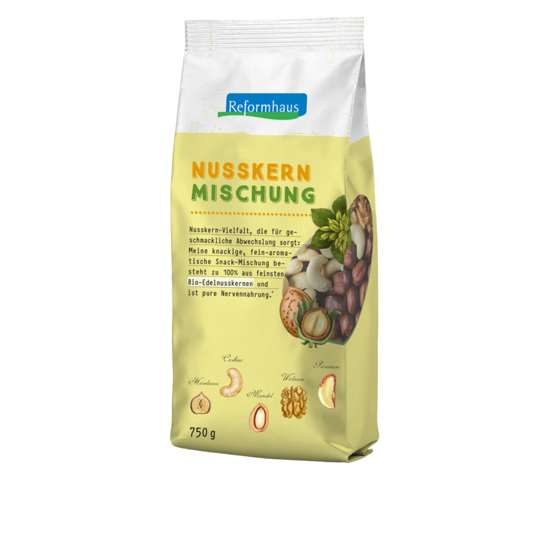 Reformhaus Nusskernmischung Bio 750 g – vegane Nussmischung mit Haselnüssen, Cashews, Mandeln, Walnüssen und Paranüssen in Großpackung