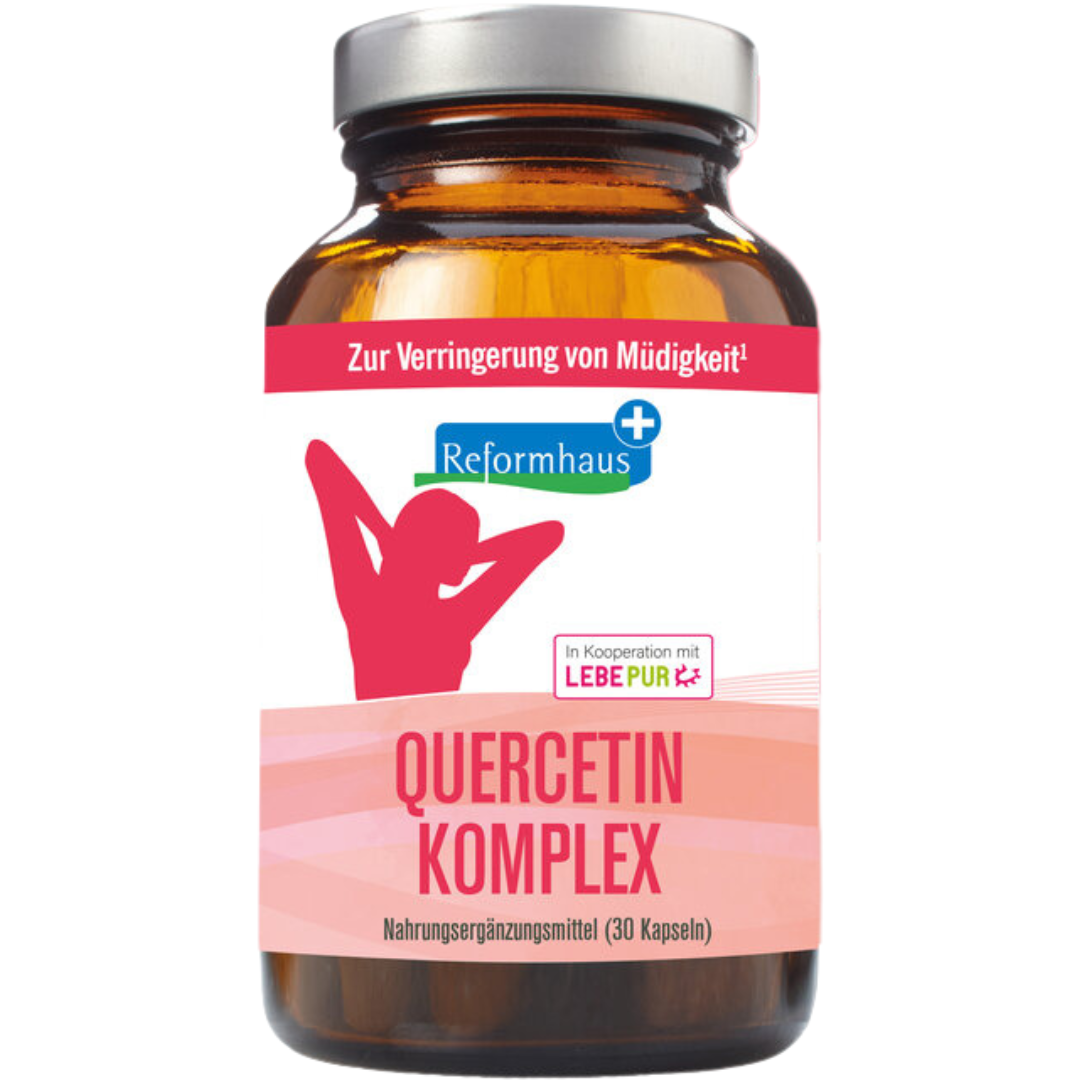 Reformhaus Quercetin Komplex 30 Kapseln – Nahrungsergänzungsmittel zur Verringerung von Müdigkeit in Braunglasflasche mit rotem Etikett