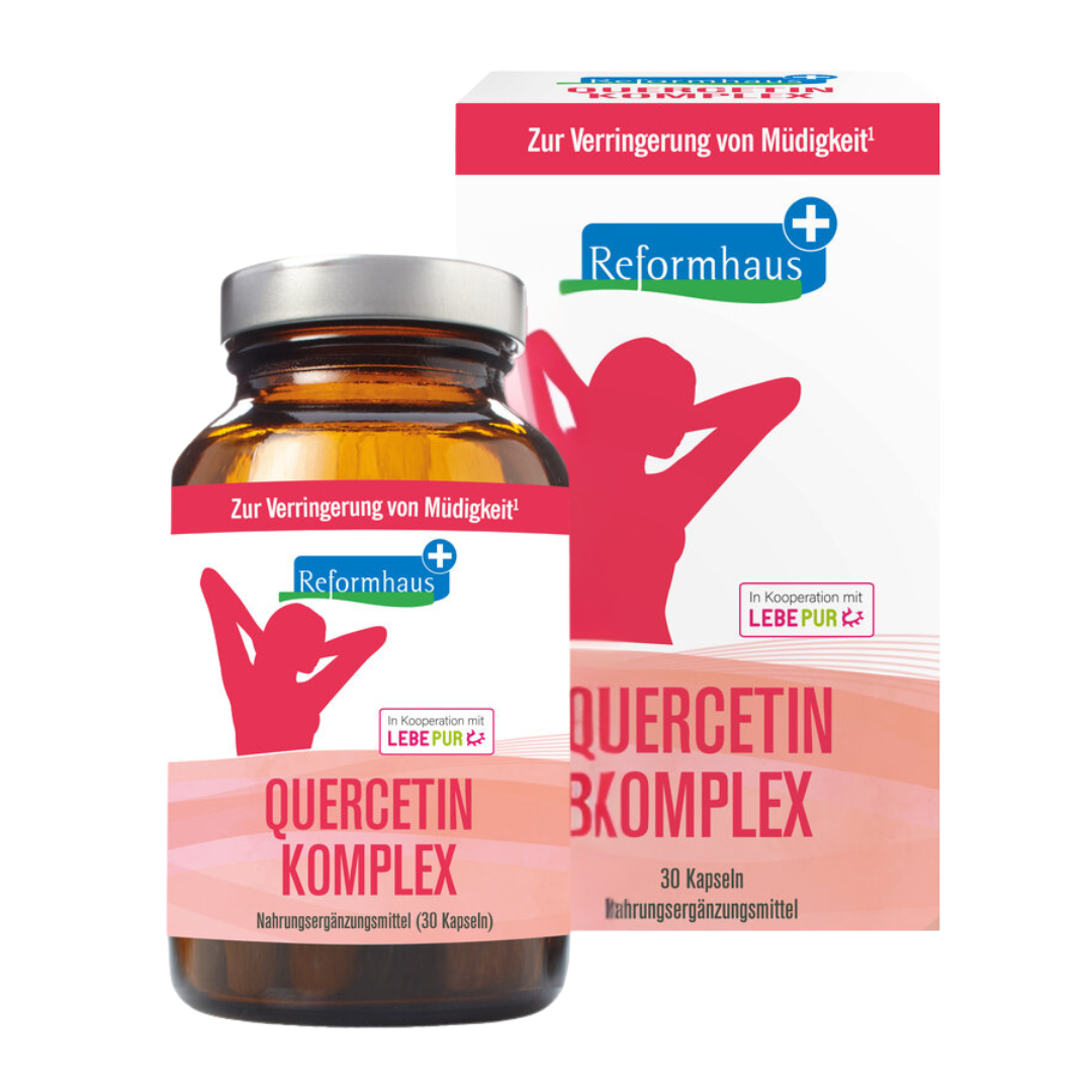Reformhaus Quercetin Komplex – Produktbild mit Verpackung und Glasflasche, 30 vegane Kapseln zur Unterstützung des Energiestoffwechsels