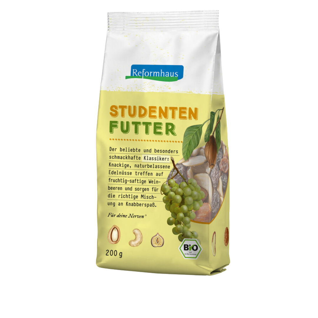 Frontansicht Reformhaus Studentenfutter Bio 200 g – Mischung aus knackigen Nüssen und saftigen Bio-Sultaninen in gelb-weißer Verpackung