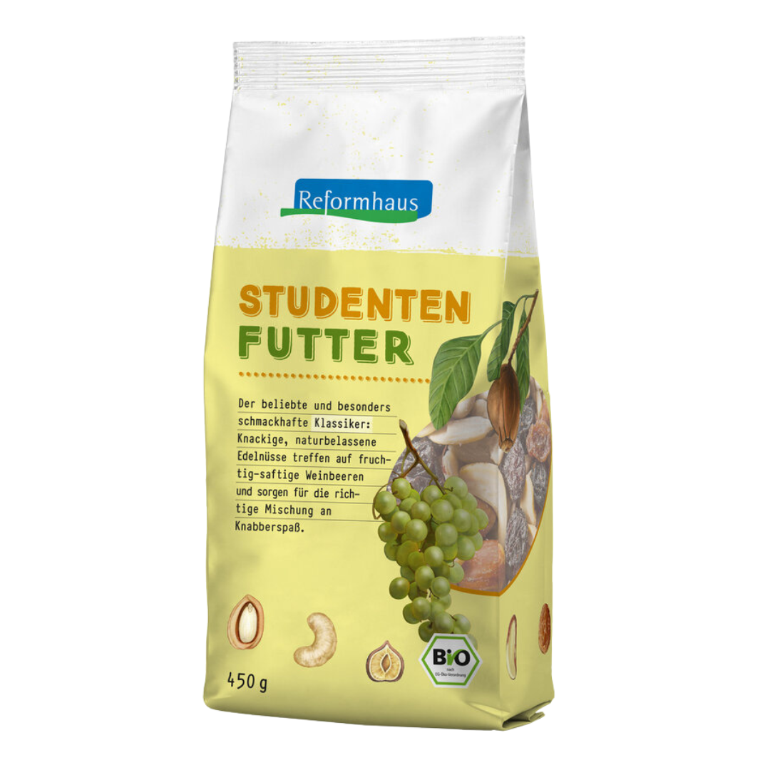 Frontansicht Reformhaus Studentenfutter Bio 450 g – Bio-Nuss-Frucht-Mischung mit Cashewkernen, Mandeln und Sultaninen
