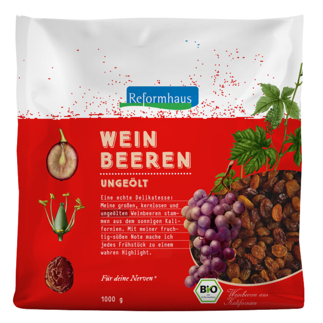 Frontansicht Reformhaus Weinbeeren Bio 1000 g ungeölt – fruchtig-süße, kernlose Trockenfrüchte aus Kalifornien in Bio-Qualität