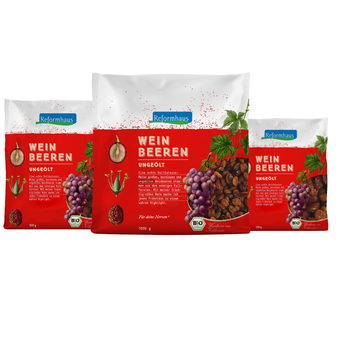 Packshot der Reformhaus Bio-Weinbeeren ungeölt in 250 g, 500 g und 1000 g – sonnenverwöhnte Trockenfrüchte aus Kalifornien