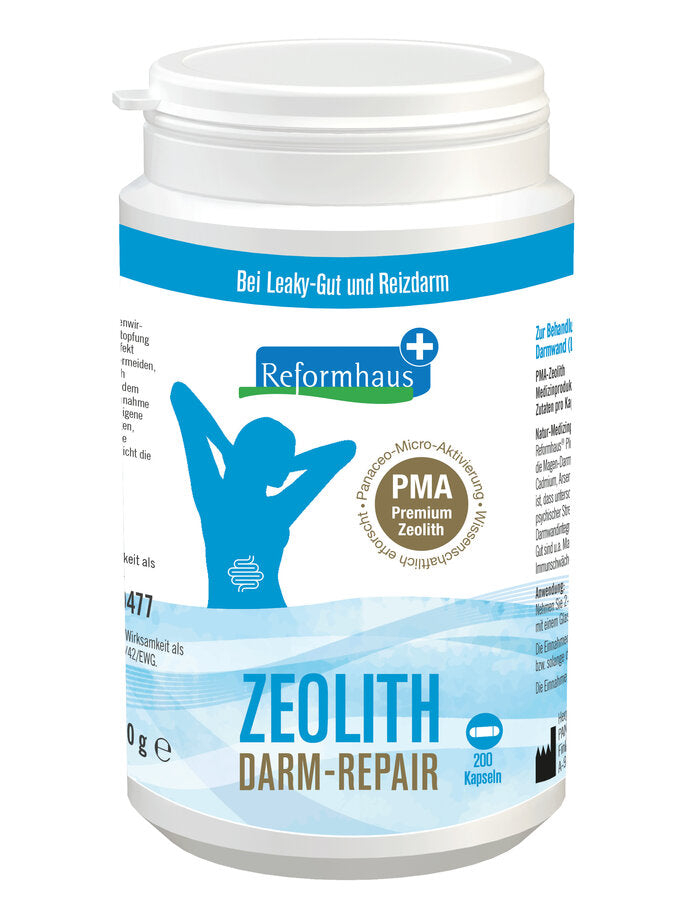 Dose Reformhaus Zeolith Darm-Repair Kapseln mit 200 Kapseln, blauer Aufdruck, Hinweis auf Leaky-Gut und Reizdarm, Reformhaus-Logo und PMA Premium Zeolith-Siegel.