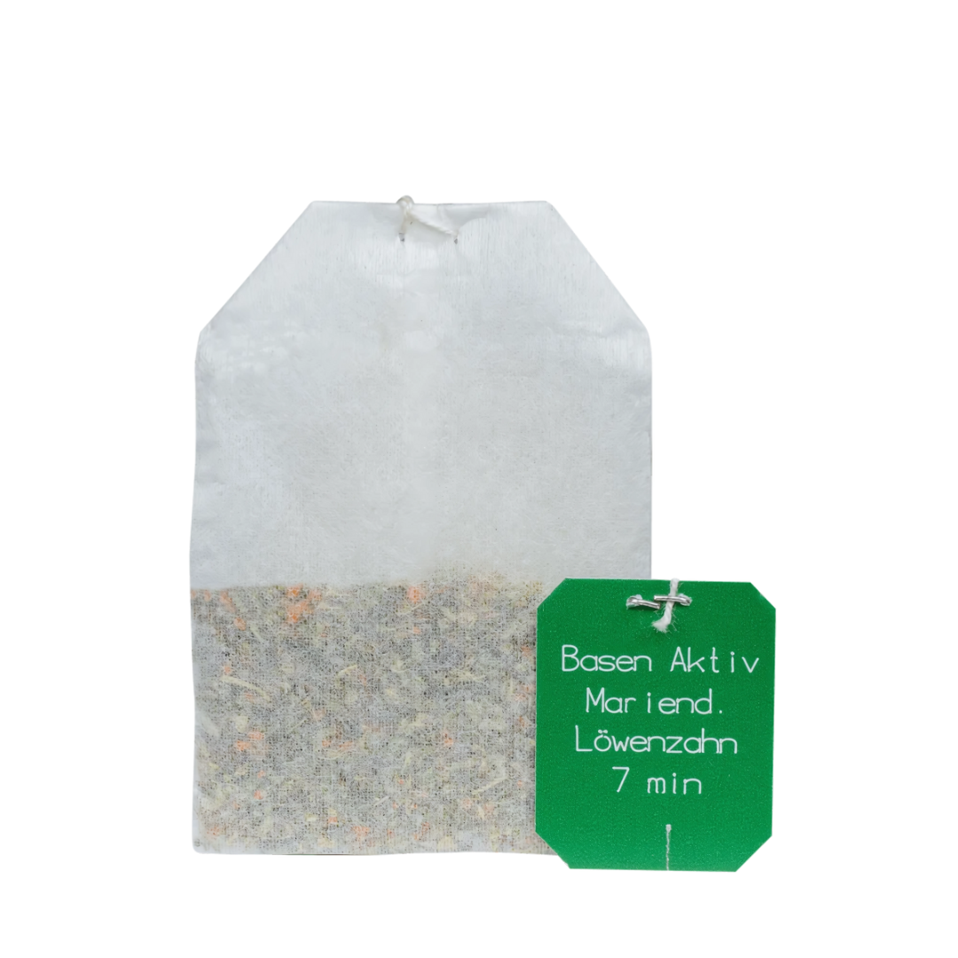 Teebeutel des Salus Basen-Aktiv Tees Nr. 2 (Mariendistel-Löwenzahn) mit grünem Etikett und Ziehzeitangabe.