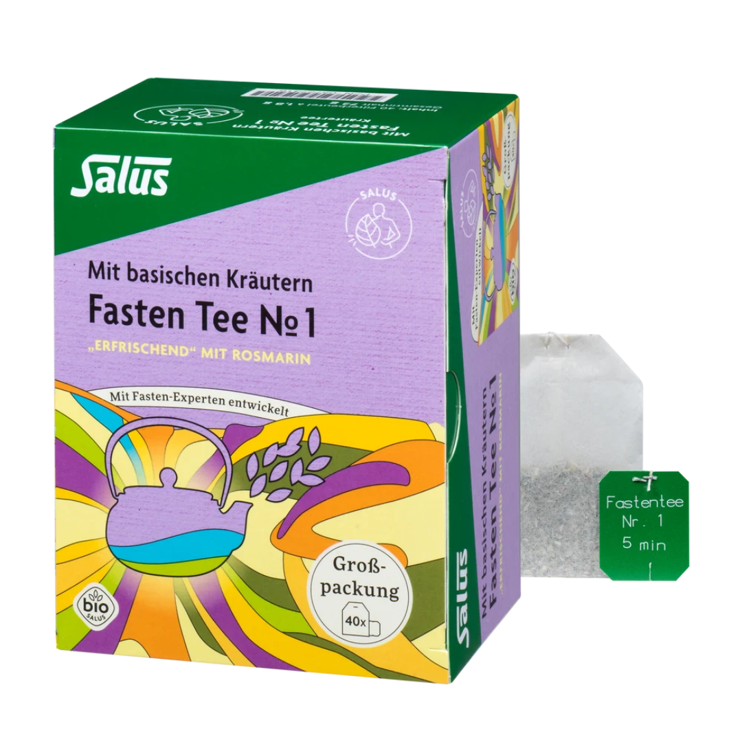 Salus Fasten Tee Nr. 1 Bio Filterbeutel Packung und Teebeutel – Basischer Bio-Kräutertee mit Rosmarin, Großpackung 40 Teebeutel.