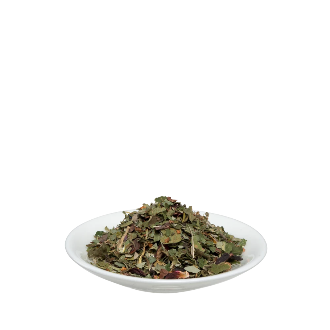 Salus Früh- und Abend-Kräutertee lose – aromatische Kräuterteemischung auf weißem Teller