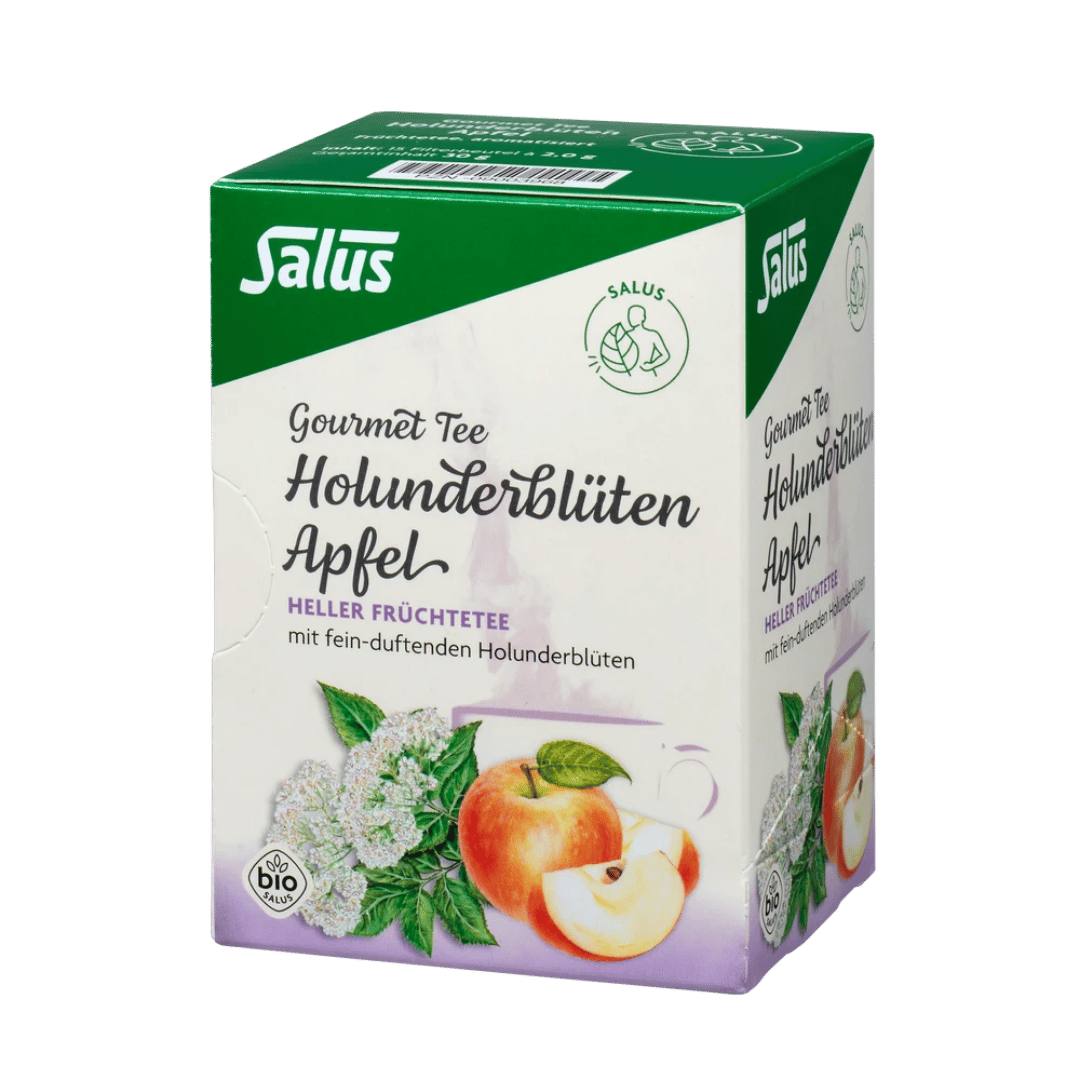 Salus Gourmet Tee Holunderblüten Apfel – Bio Früchtetee mit Holunderblüten und Apfelstücken in der Faltschachtel