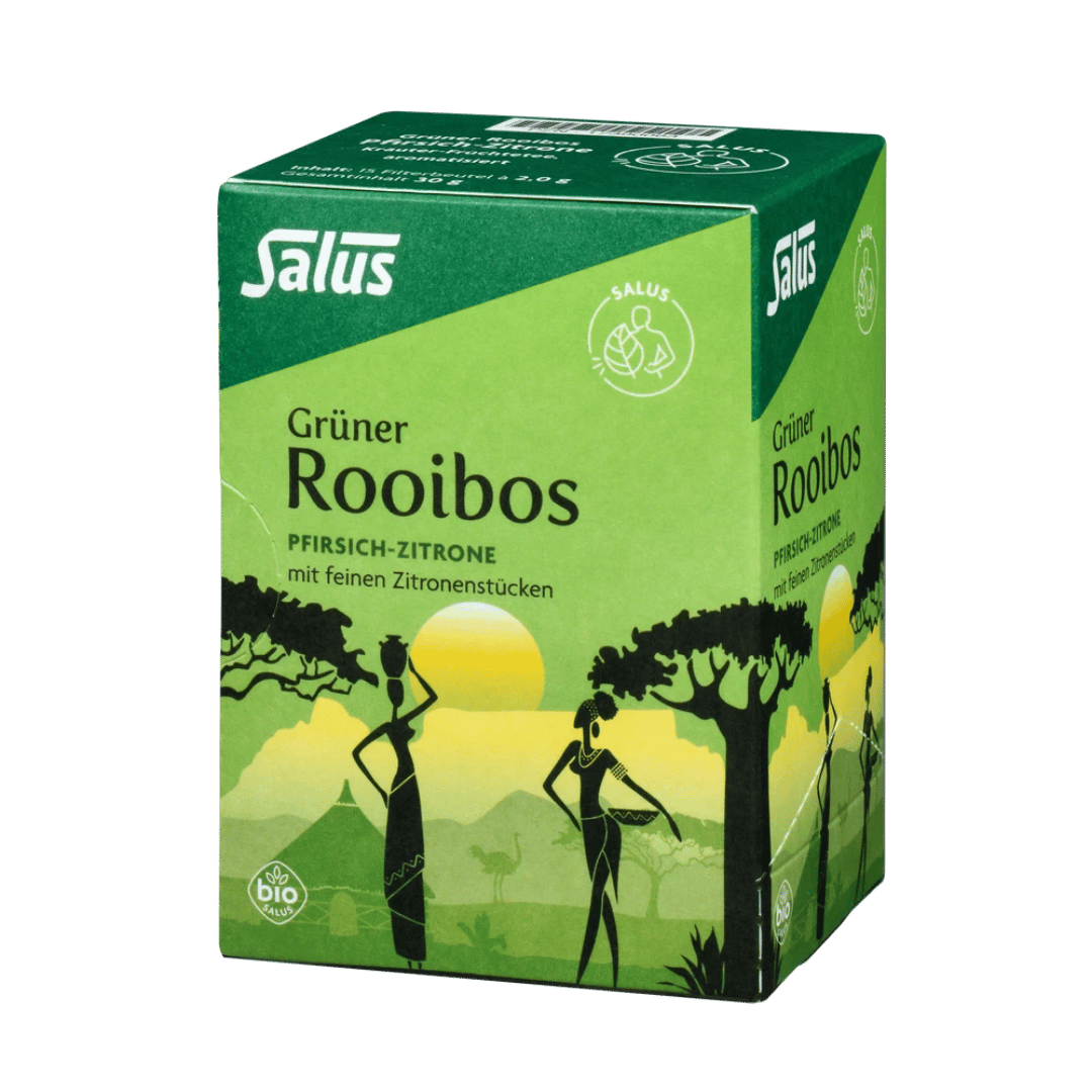 Salus Grüner Rooibos Pfirsich-Zitrone Bio Tee – Verpackung mit fruchtigem Rooibos