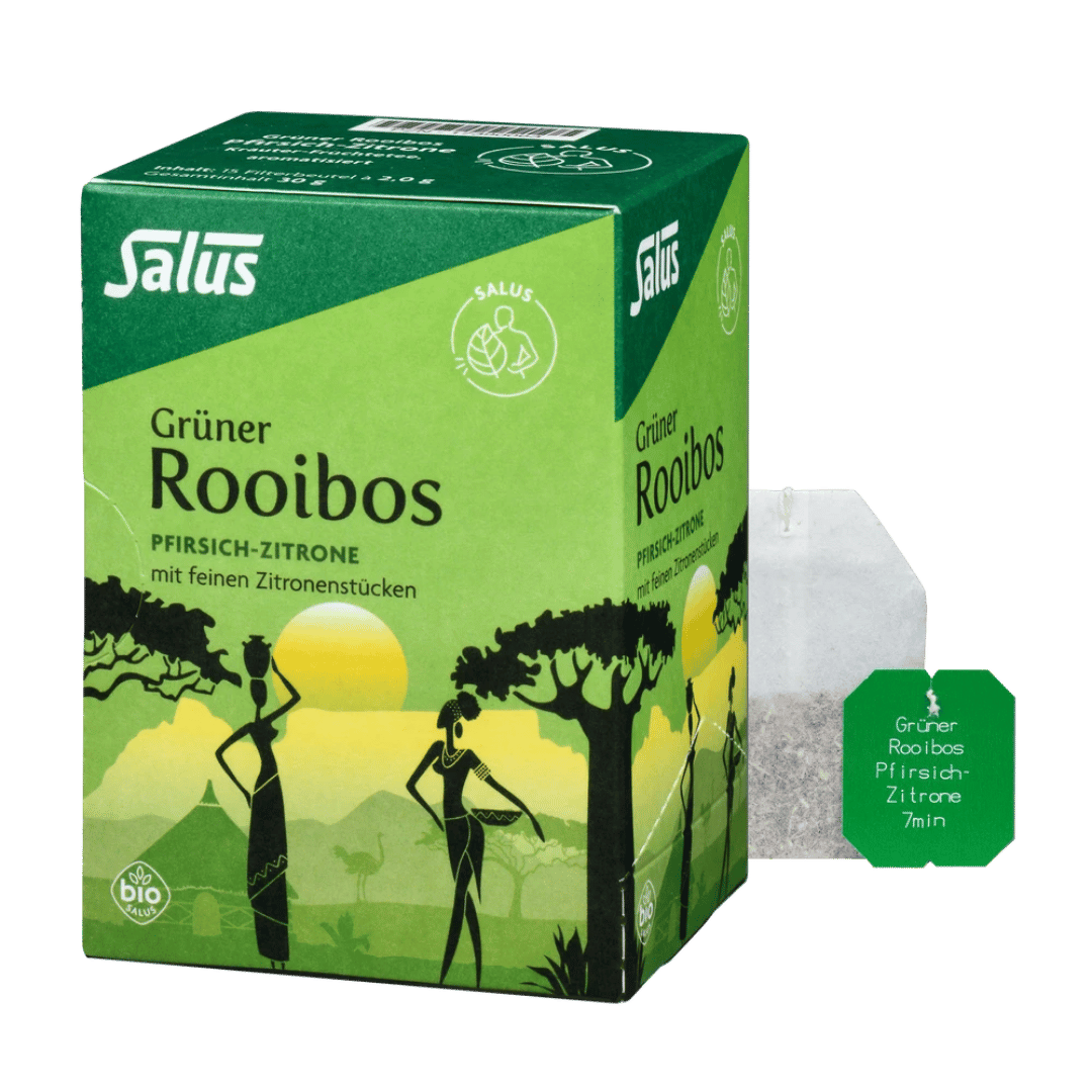 Salus Grüner Rooibos Pfirsich-Zitrone Bio Tee – Packung mit Beutel und Teebeutel