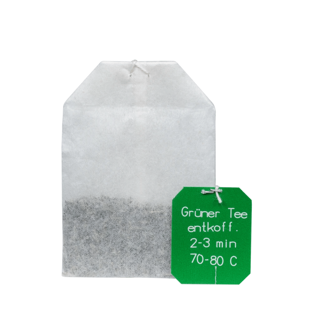 Salus Grüner Tee entkoffeiniert Bio – einzelner Filterbeutel mit Ziehzeit- und Temperaturangabe