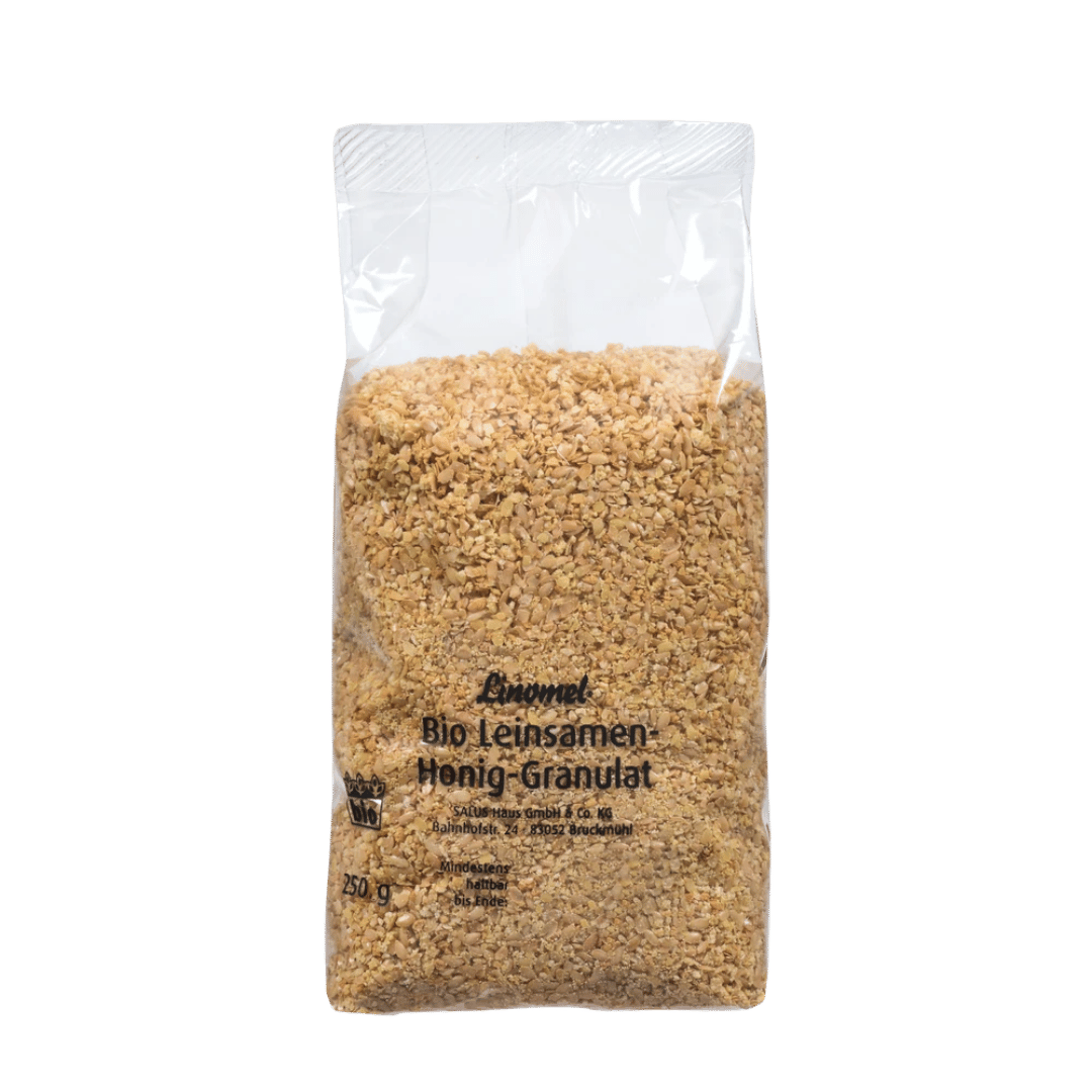 Salus Linomel Bio Leinsamen-Honig-Granulat, 250 g Beutel goldgelbe Leinsamen im Honigschutzmantel