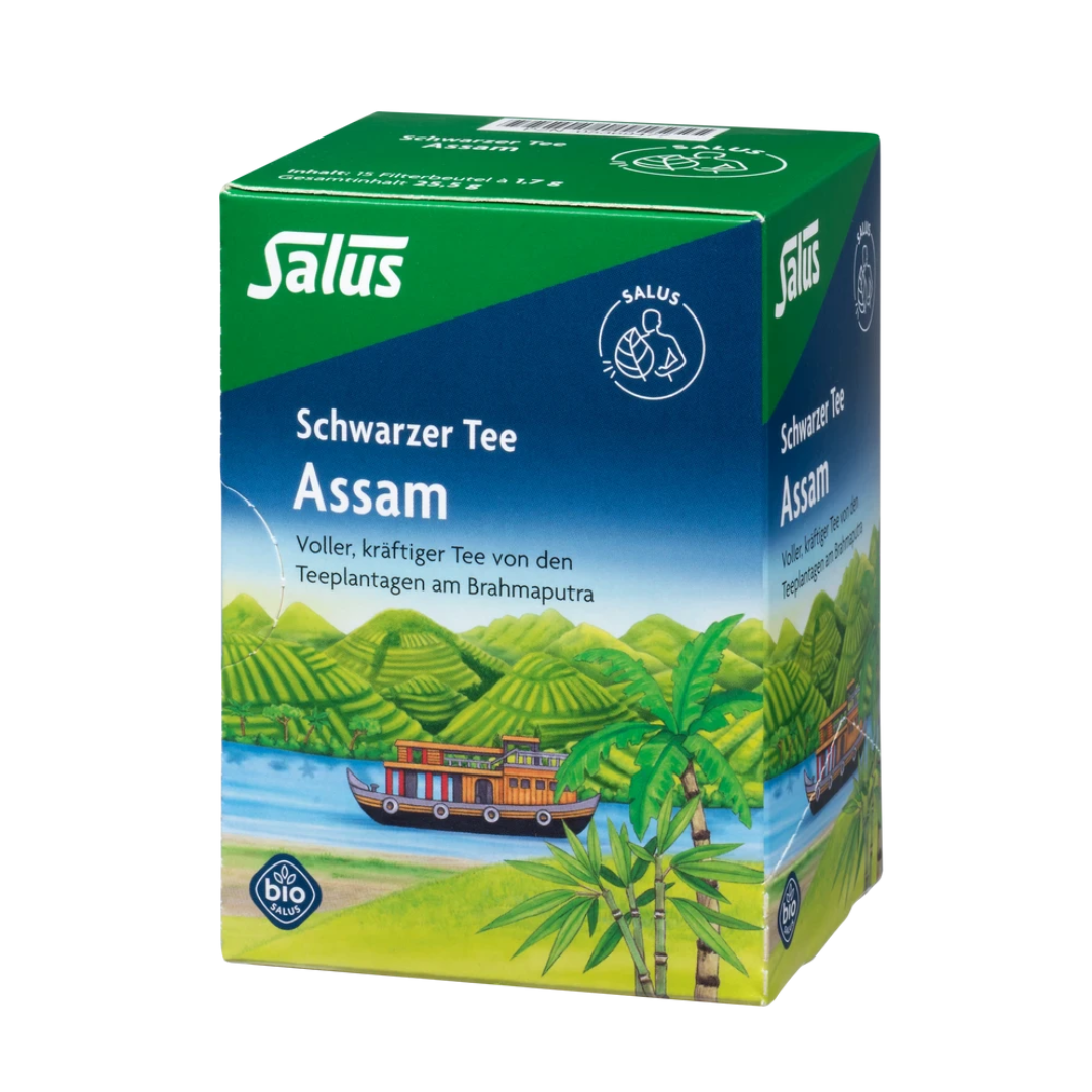 Salus Schwarzer Tee Assam Bio, Verpackung mit 15 Filterbeuteln