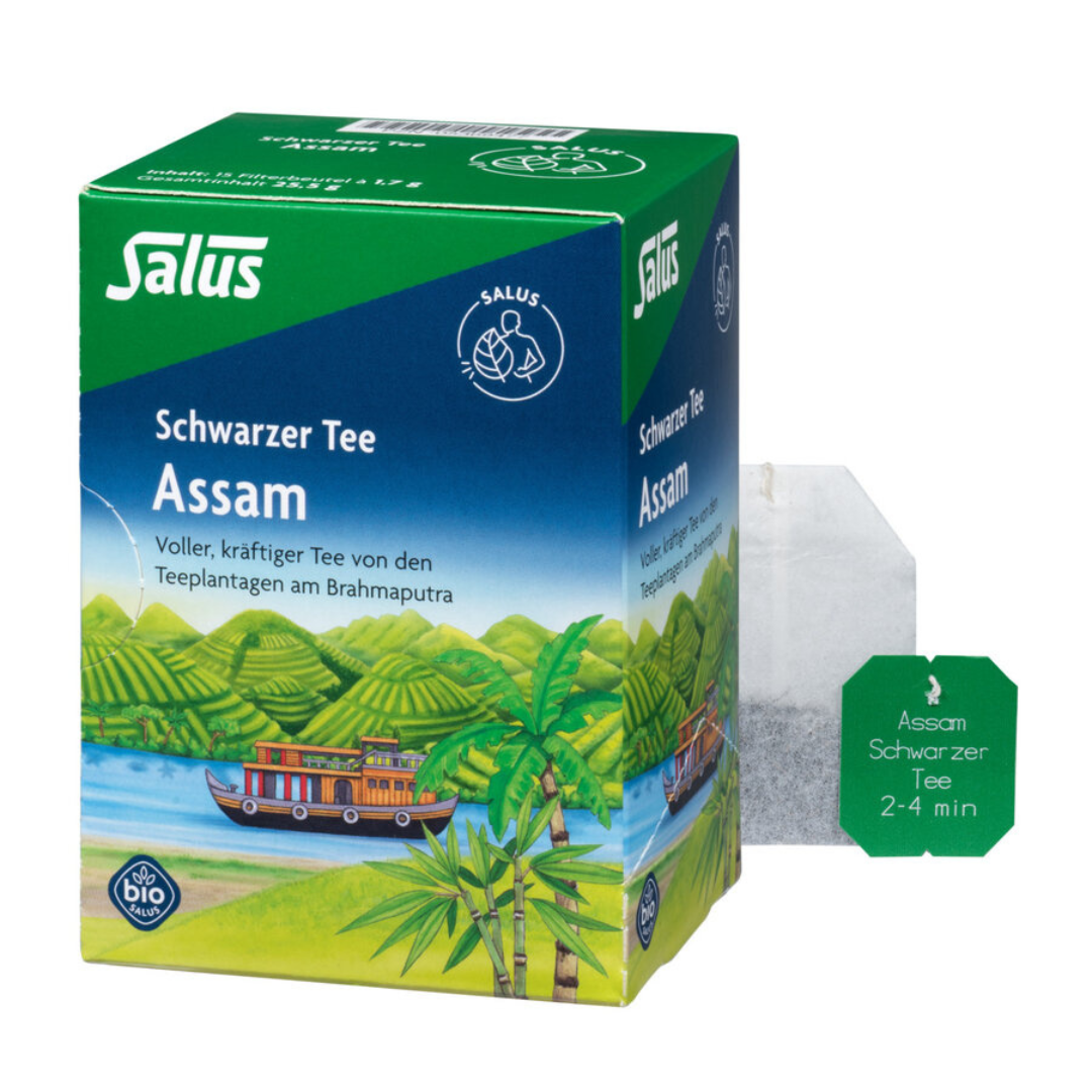 Salus Schwarzer Tee Assam Bio, Packung mit 15 Filterbeuteln und einzelner Teebeutel