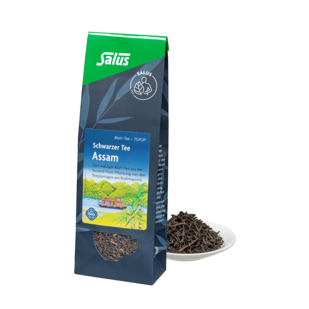 Salus Schwarzer Tee Assam Bio TGFOP 100 g – lose Teeblätter und Verpackung, hochwertiger Bio-Blatt-Tee