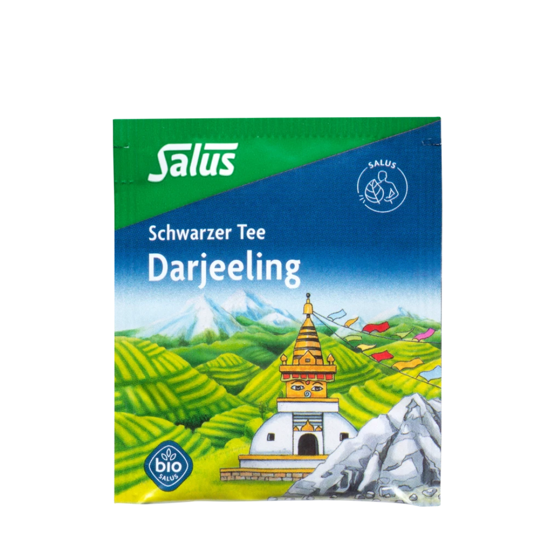 Salus Schwarzer Tee Darjeeling – einzelner Bio-Teebeutel im Umbeutel mit Himalaya-Design