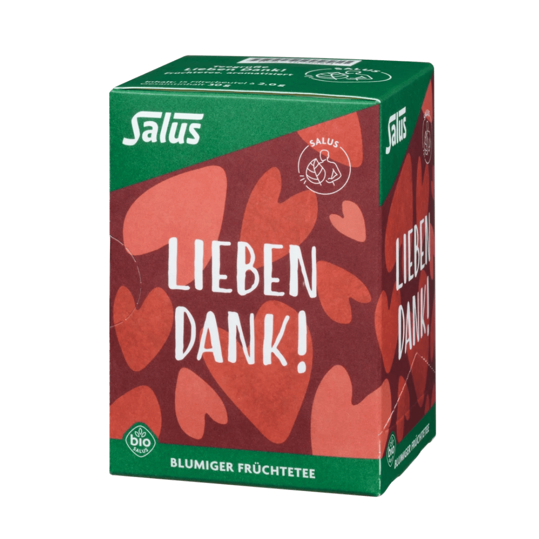 Salus Teegrüße Lieben Dank Bio Früchtetee – Verpackung mit Herzdesign, 15 Filterbeutel