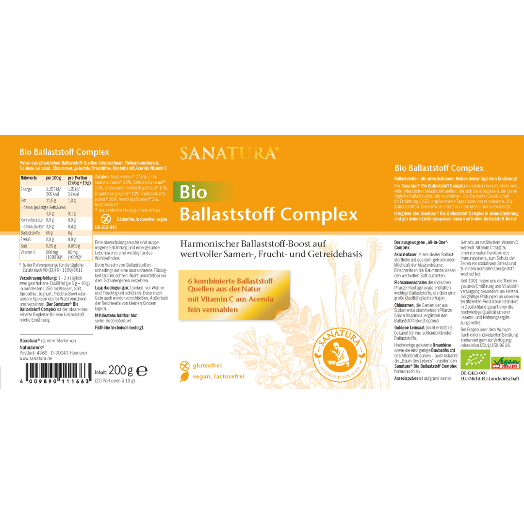 Sanatura Bio Ballaststoff Complex Etikett – Zutatenliste, Nährwerte, Anwendungsempfehlung und Herkunft, fein gemahlene Ballaststoff-Mischung mit Acerola-Vitamin C aus 6 natürlichen Quellen