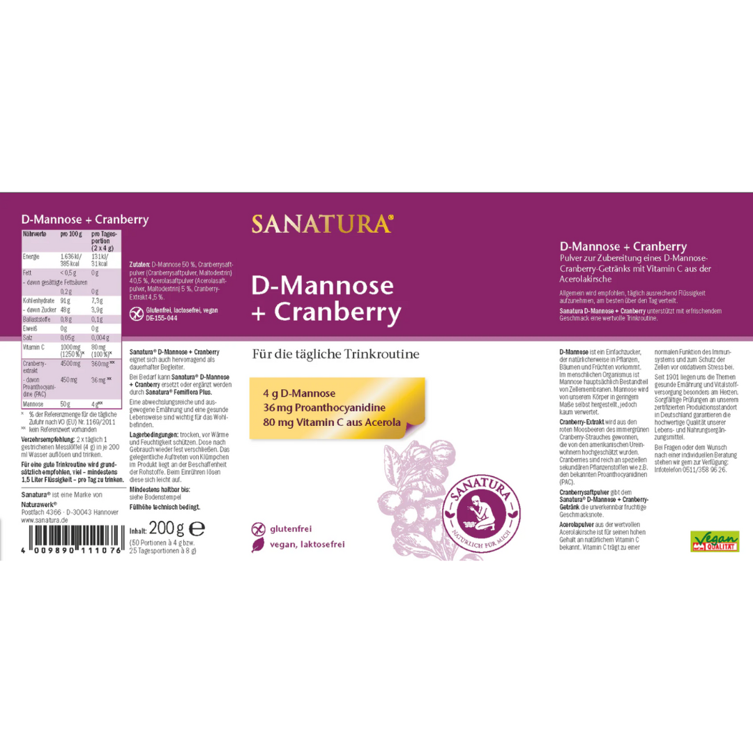 Sanatura D-Mannose + Cranberry Etikett 200 g – Deklaration mit Zutaten, Nährwerten, Anwendungshinweisen und Produktbeschreibung, vegan, glutenfrei, laktosefrei, mit natürlichem Cranberry-Extrakt
