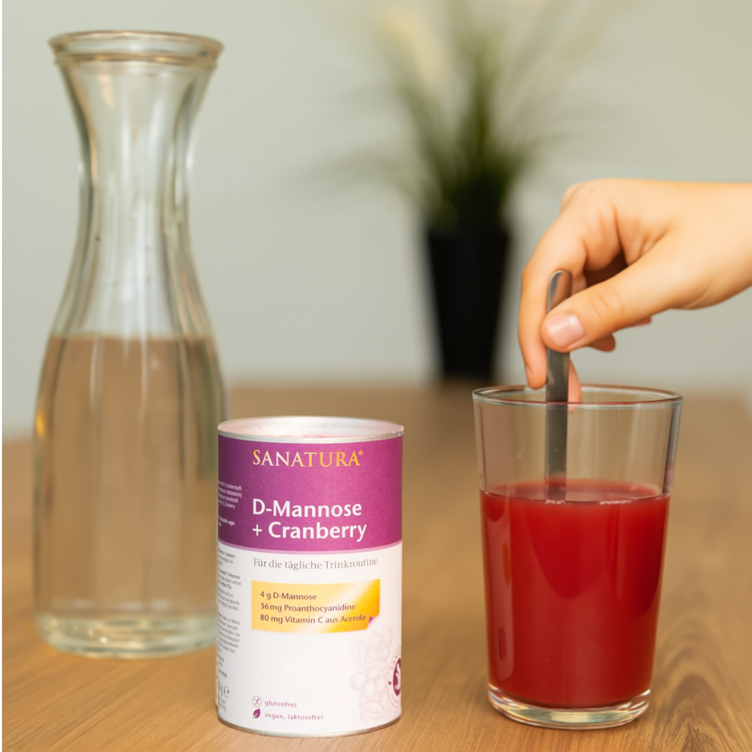 Sanatura D-Mannose + Cranberry in der Anwendung – rote Trinklösung wird in einem Glas angerührt, daneben Dose und Wasserkaraffe, ideal für die tägliche Trinkroutine